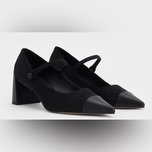 Charles & Keith Faux Suede Cap-toe Pointed Mary Jane Pumps black 35 or 5 new